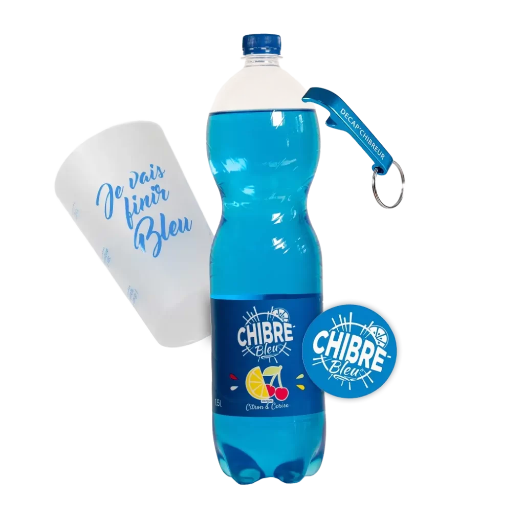 le starter pack de chibre bleu qui contient une bouteille, un verre, un sticker, et un decapsuleur chibre bleu