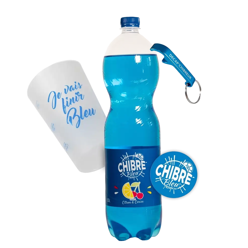le starter pack de chibre bleu qui contient une bouteille, un verre, un sticker, et un decapsuleur chibre bleu