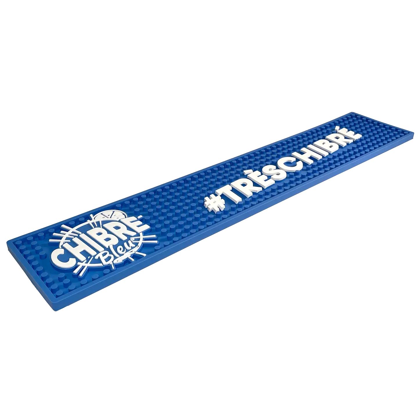 le tapis de bar chibre bleu, avec le logo et un hastag Très chibré